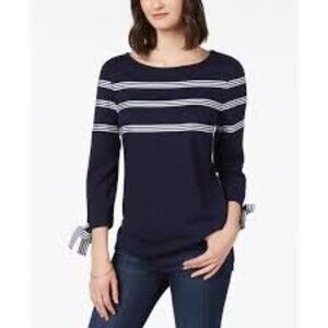 Charter Club Blue Shirt Stripes 3/4 Sleeves Tassles